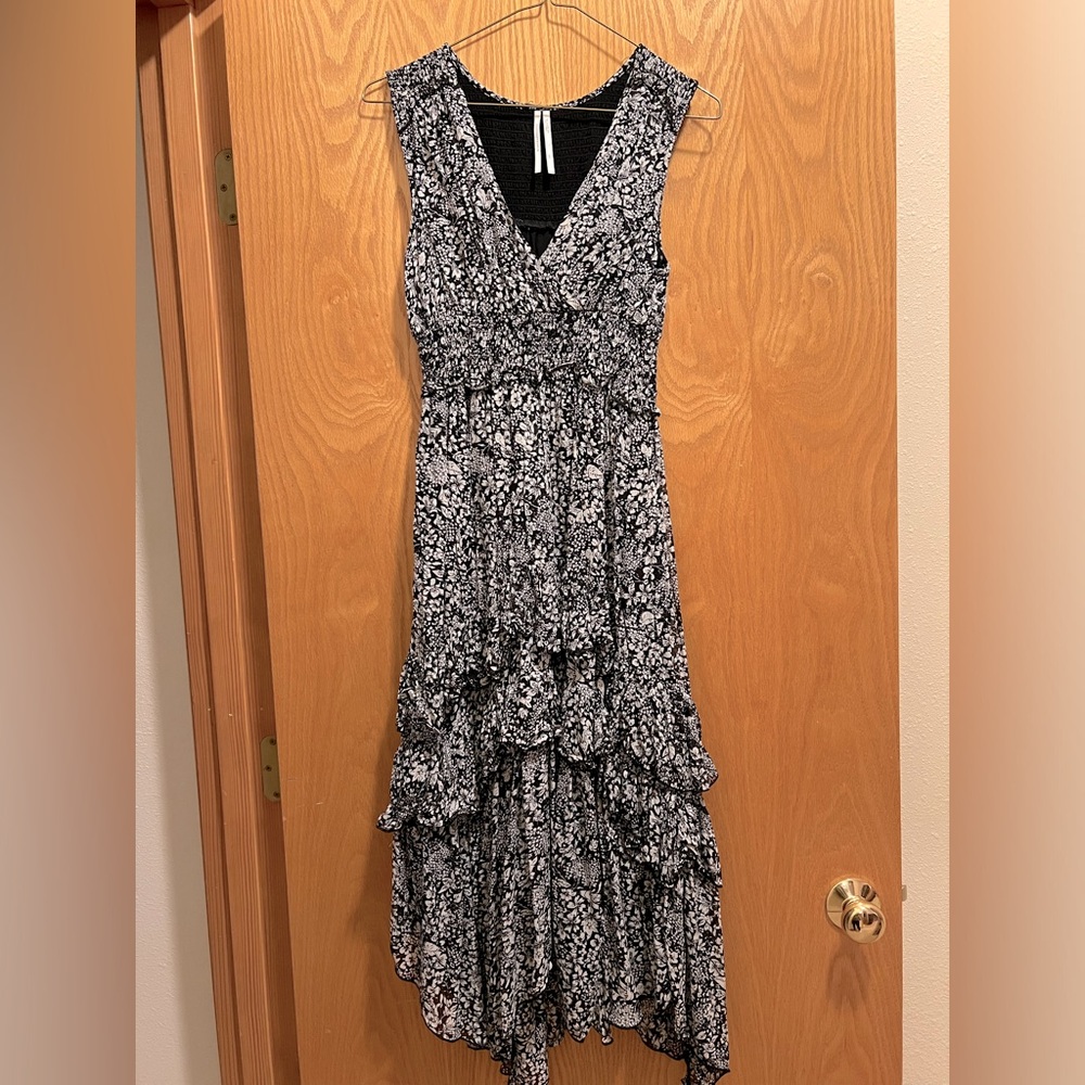 Midi cocktail dress from Anthropologie; black & white floral pattern